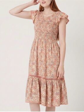 Patrons of Peace Floral Midi Smocked Flutter Sleeve Rayon Boho Dress Size S